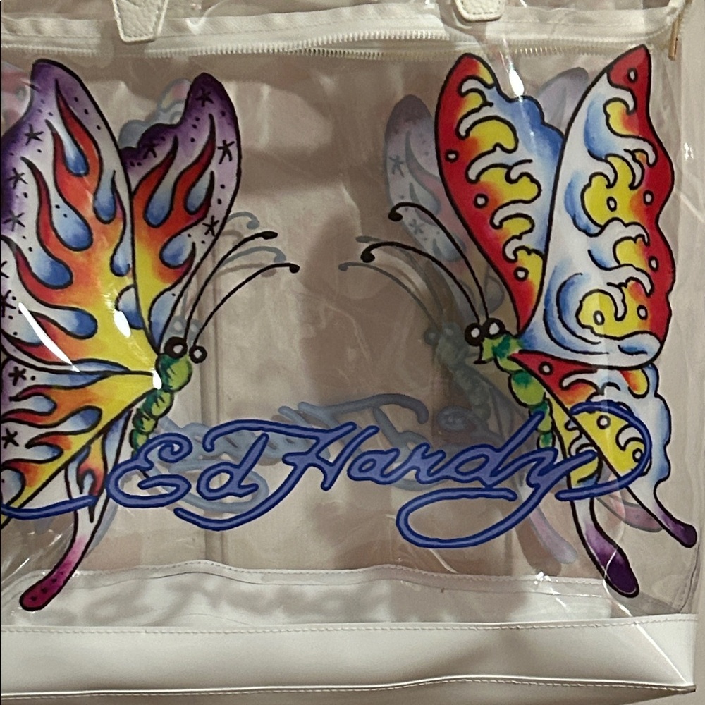 Ed Hardy Vibrant Butterfly Clear Tote with matching pouchNWOT